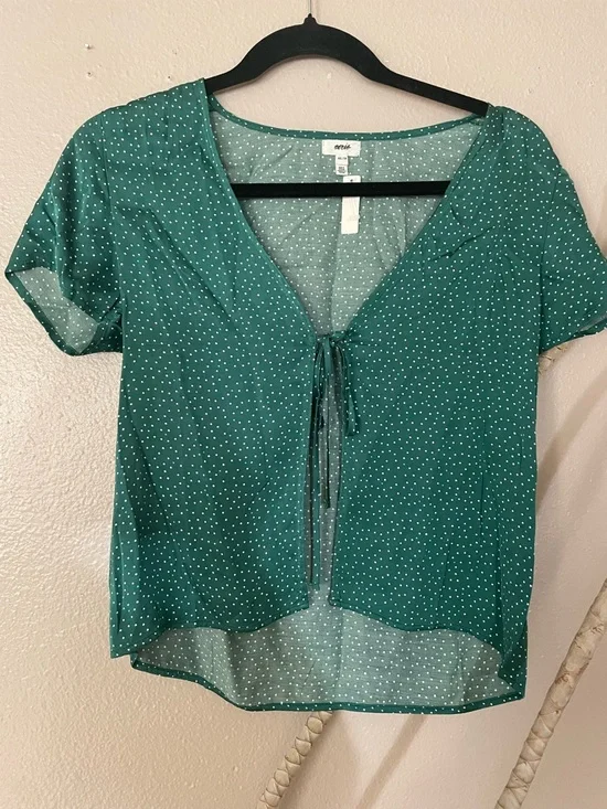 Aerie Off-Duty Satin Emerald Green Polka Dot Tie-Front Blouse size XS - Picture 8 of 13